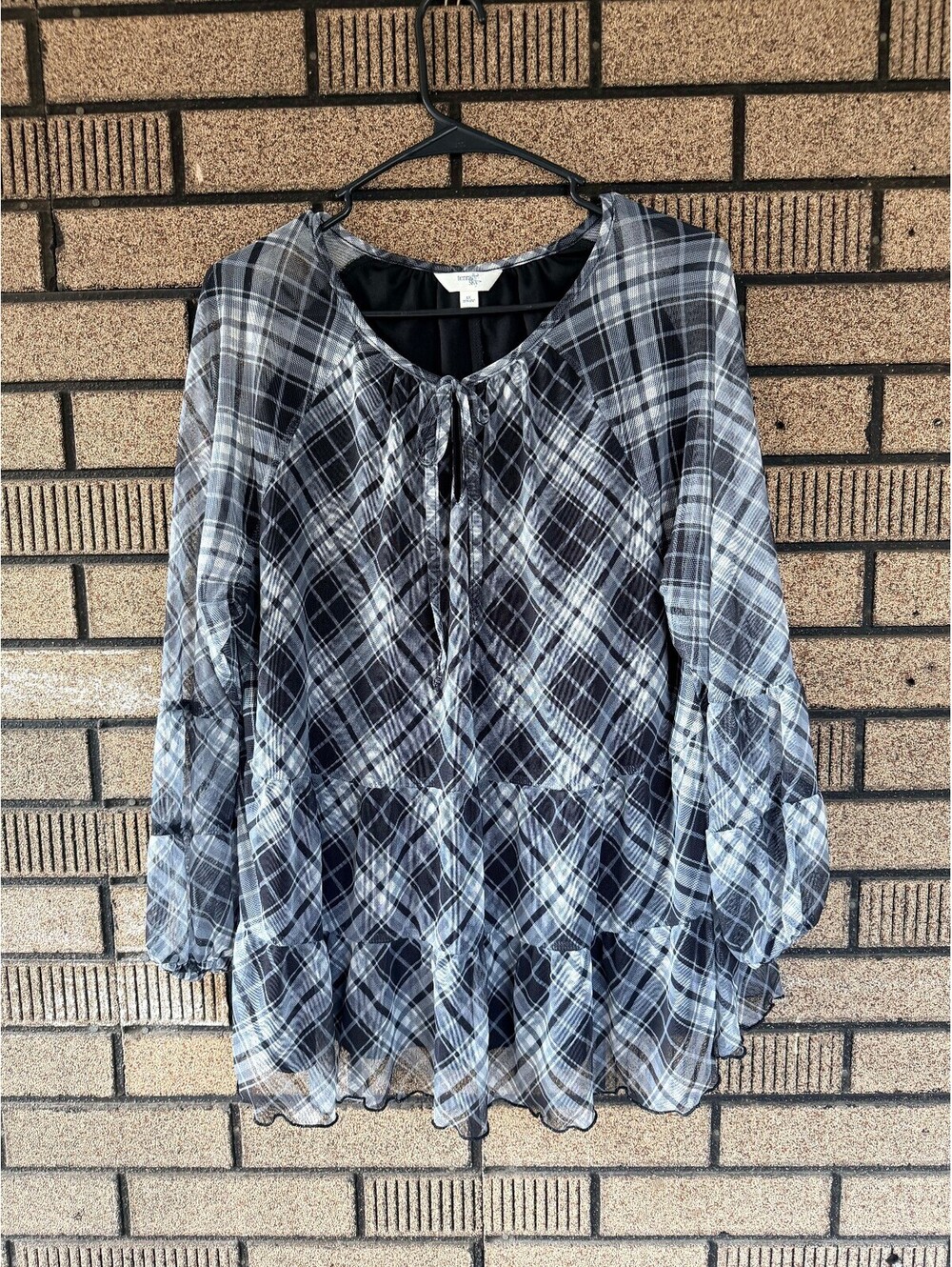Terra & Sky Plaid Sheer Mesh Tiered Babydoll Top Black White Plus Size 1X